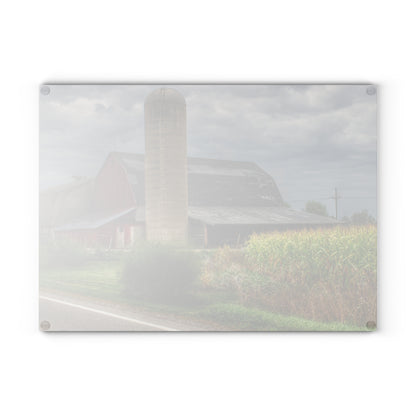 U R There Photography Lake Pleasant Road Red and Silo II Rustic Farmhouse Tempered-Glass Cutting Board