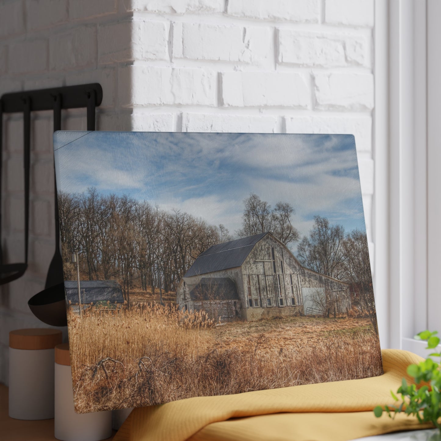 U R There Photography Newark Road White I Rustic Farmhouse Tempered-Glass Cutting Board