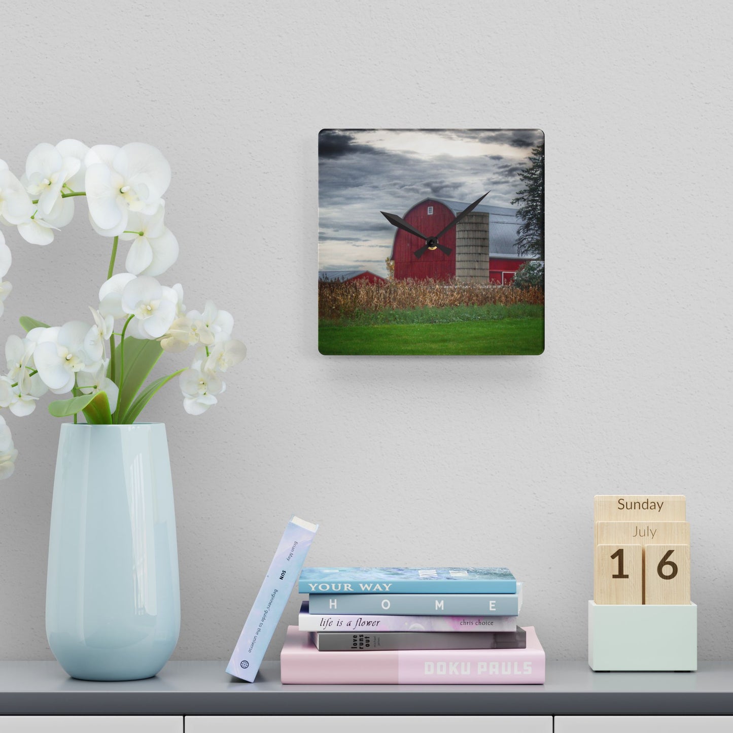 U R There Photography Haines Roadside Red and Silo Rustic Farmhouse Acrylic Analog Wall Clock