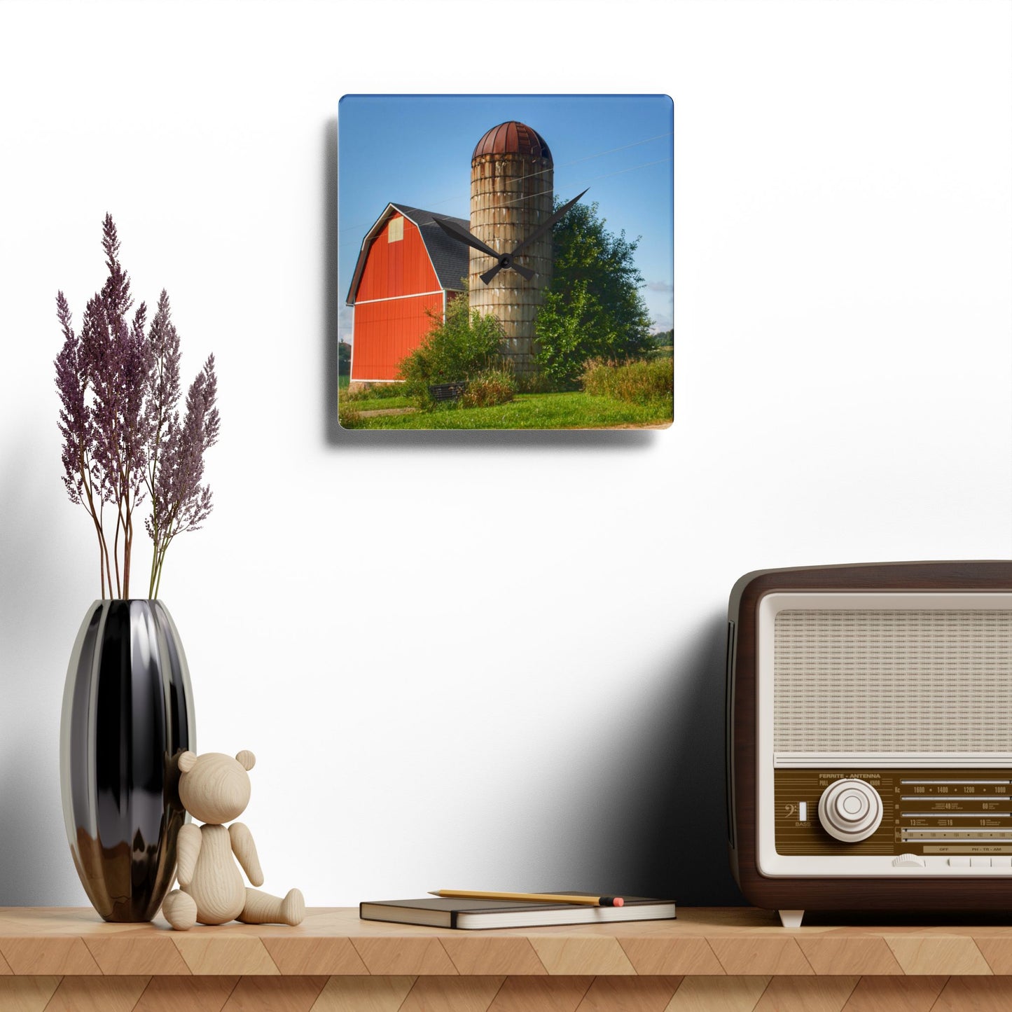 U R There Photography August Red and Silo Rustic Farmhouse Acrylic Analog Wall Clock