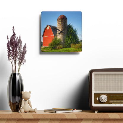 U R There Photography August Red and Silo Rustic Farmhouse Acrylic Analog Wall Clock
