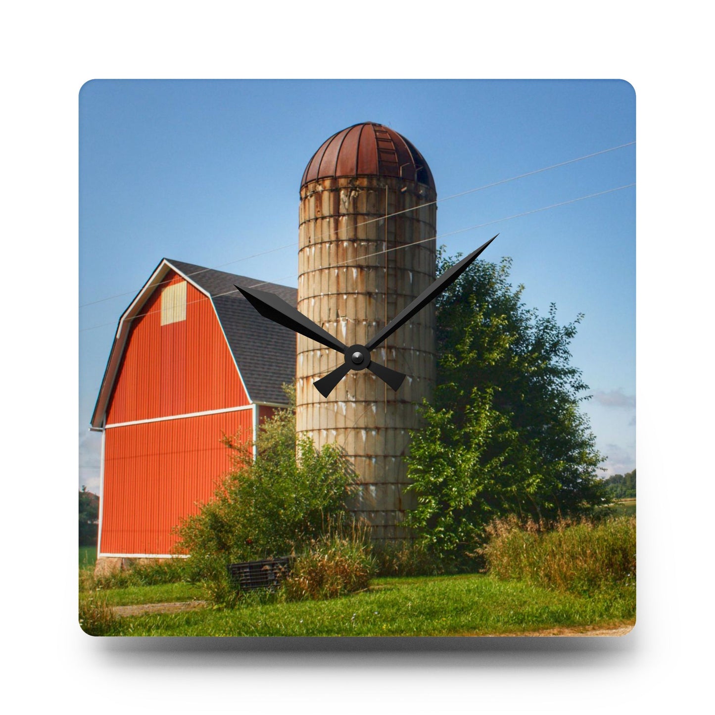 U R There Photography August Red and Silo Rustic Farmhouse Acrylic Analog Wall Clock