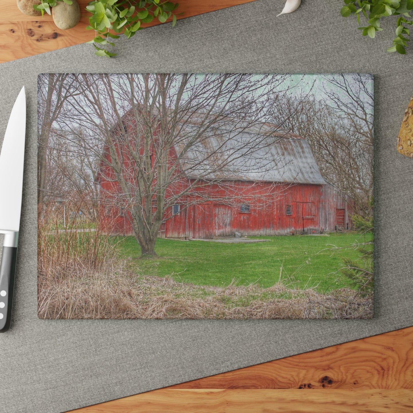 U R There Photography Dodge Road Rusted Red Rustic Farmhouse Tempered-Glass Cutting Board