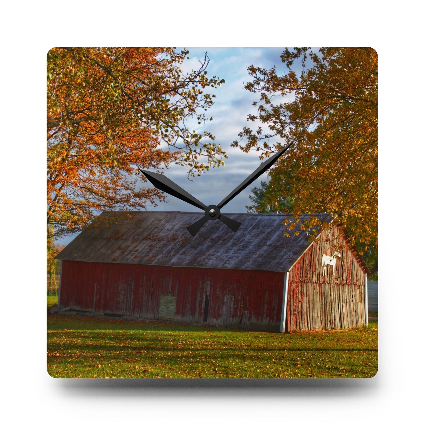 U R There Photography Marlette Road Fall Red Rustic Farmhouse Acrylic Analog Wall Clock