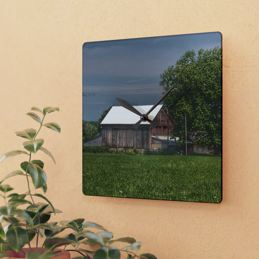 U R There Photography Castle Road Cow Barn III Rustic Farmhouse Acrylic Analog Wall Clock