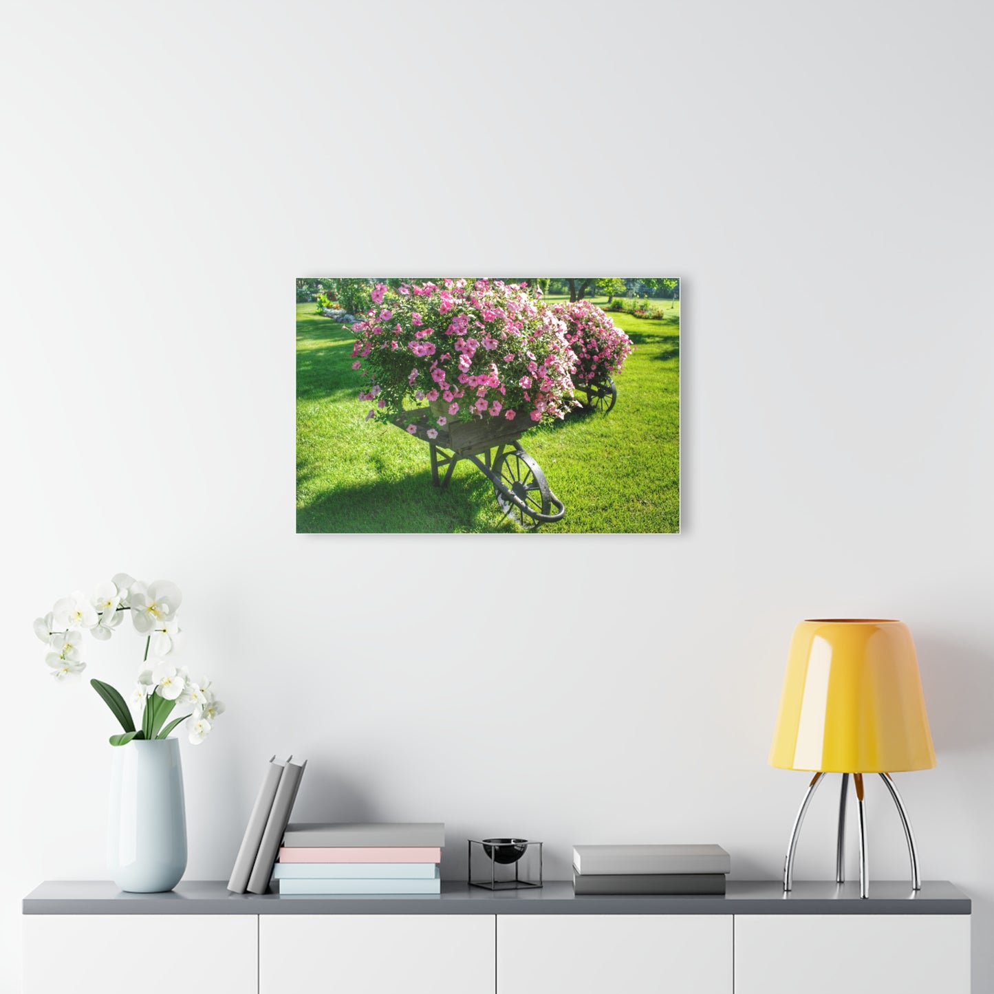 Barn Boutique Modern Farmhouse Acrylic Wall Print| Wheelbarrow Full of Flowers