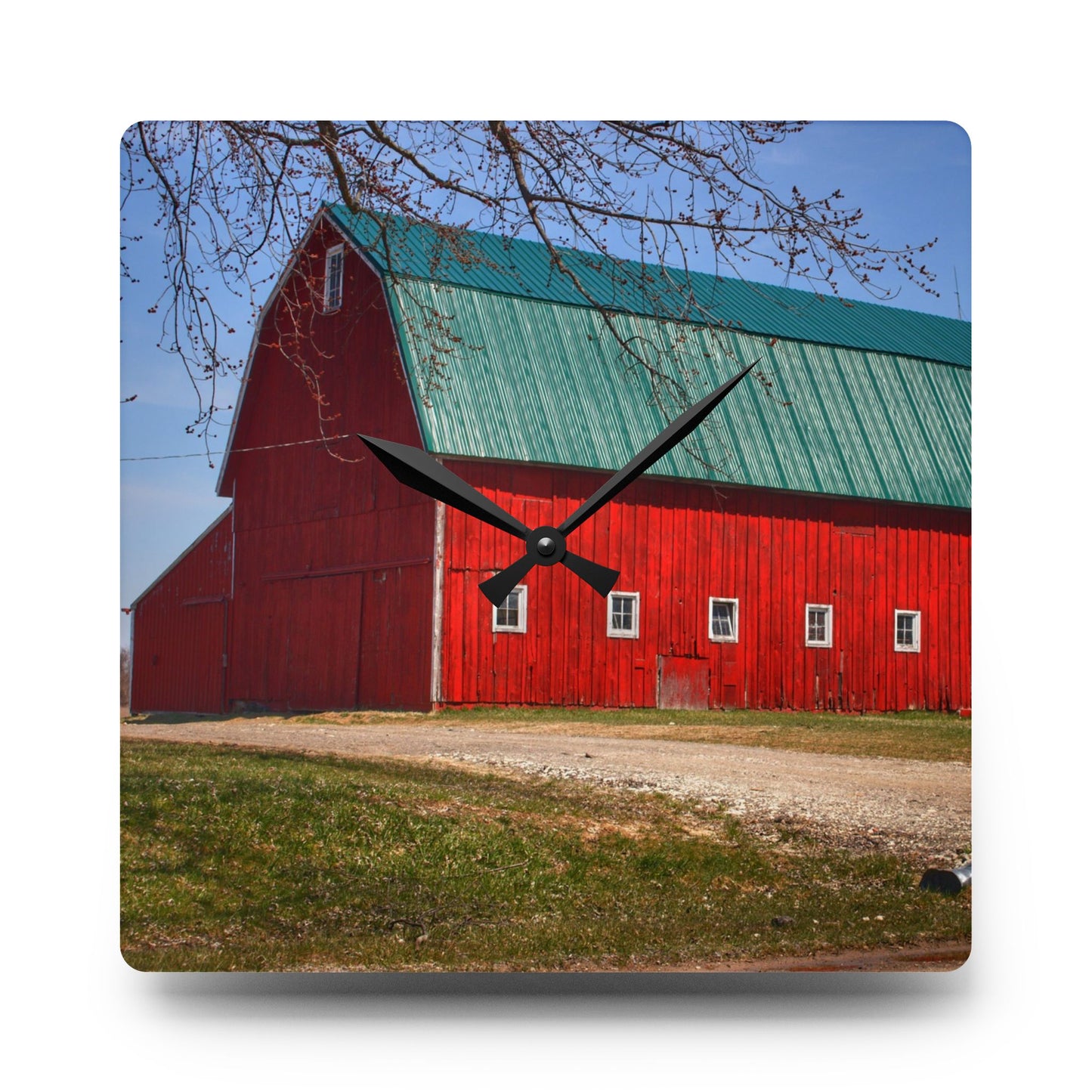 U R There Photography Perry Road Red Rustic Farmhouse Acrylic Analog Wall Clock