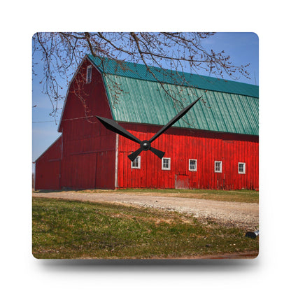 U R There Photography Perry Road Red Rustic Farmhouse Acrylic Analog Wall Clock