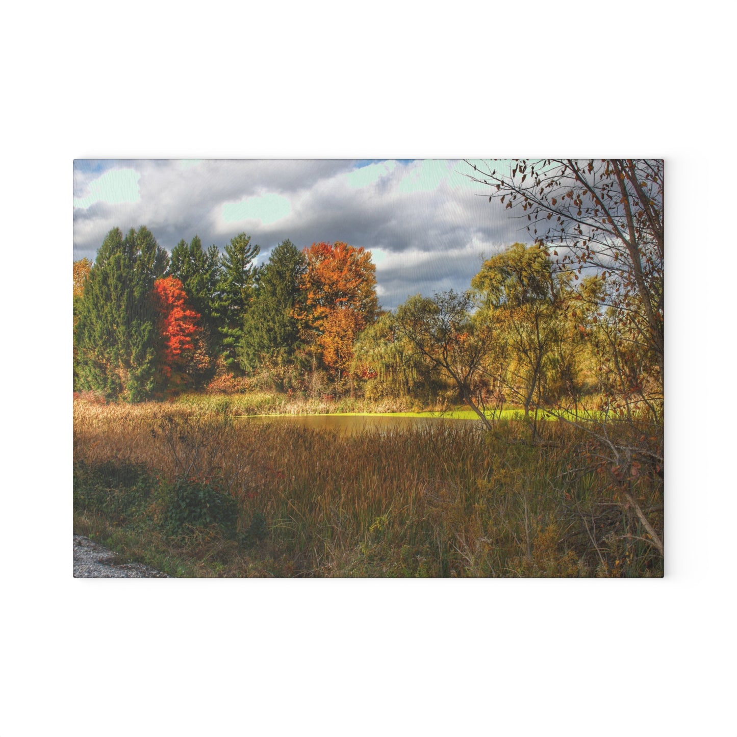 U R There Photography Fall Pond on Sutton Road Rustic Farmhouse Tempered-Glass Cutting Board
