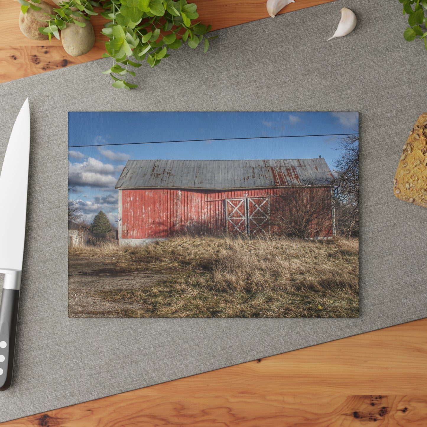 U R There Photography Lapeer Road Crooked Red Rustic Farmhouse Tempered-Glass Cutting Board