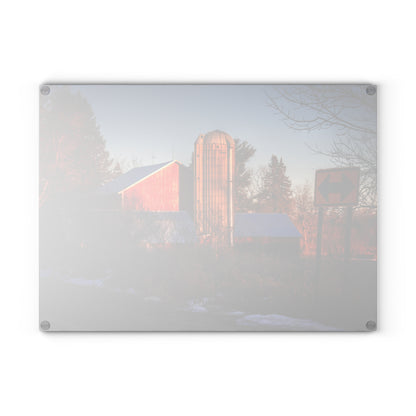 U R There Photography Mount Morris Road Reds and Silo in Winter Rustic Farmhouse Tempered-Glass Cutting Board
