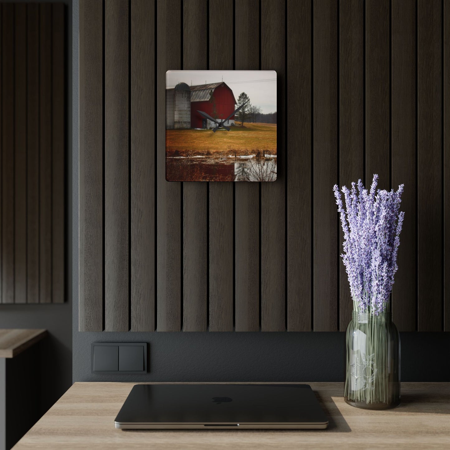 U R There Photography Havens Road Red Rustic Farmhouse Acrylic Analog Wall Clock
