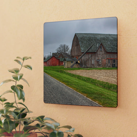 U R There Photography Roedel Roadside Reds I Rustic Farmhouse Acrylic Analog Wall Clock
