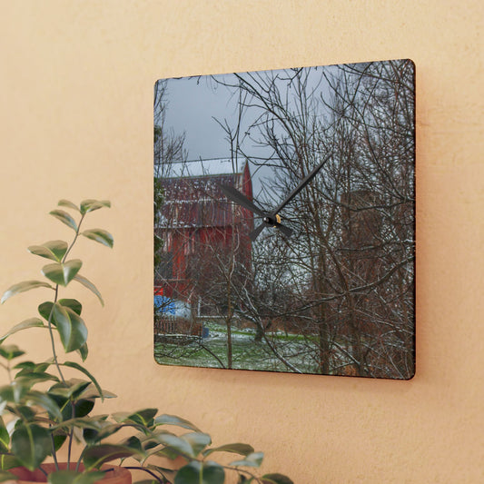 U R There Photography Hough Road Hidden Winter Red I Rustic Farmhouse Acrylic Analog Wall Clock