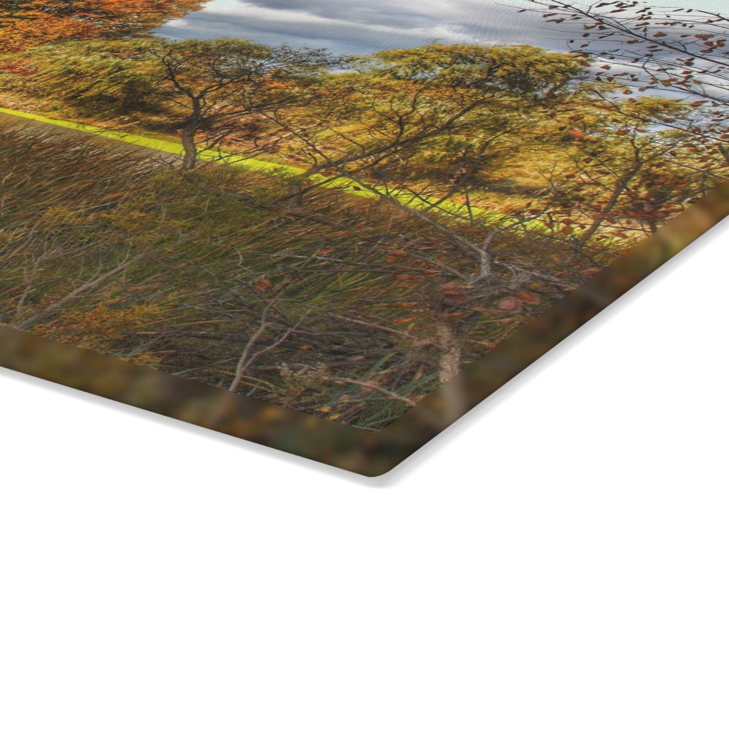 U R There Photography Fall Pond on Sutton Road Rustic Farmhouse Tempered-Glass Cutting Board