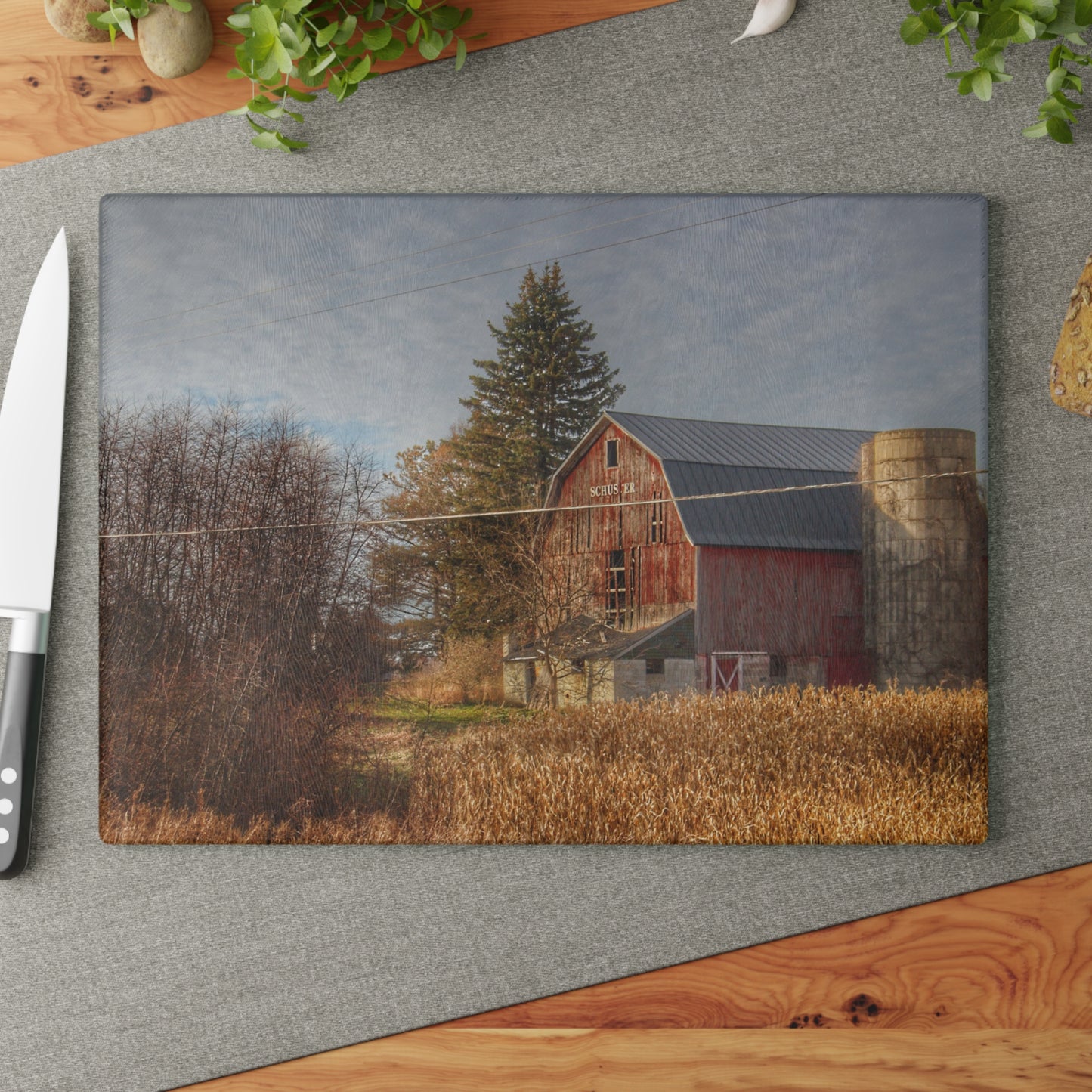 U R There Photography Otter Lake Road Red I Rustic Farmhouse Tempered-Glass Cutting Board