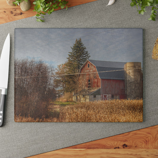U R There Photography Otter Lake Road Red I Rustic Farmhouse Tempered-Glass Cutting Board