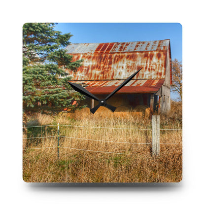 U R There Photography Dodge Road Hay Barn I Rustic Farmhouse Acrylic Analog Wall Clock