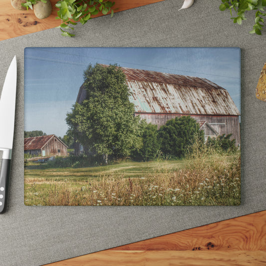 U R There Photography Barkley Road Red in Summer II Rustic Farmhouse Tempered-Glass Cutting Board