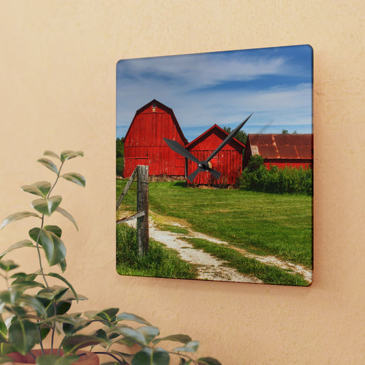 U R There Photography South Oak Road Reds I Rustic Farmhouse Acrylic Analog Wall Clock