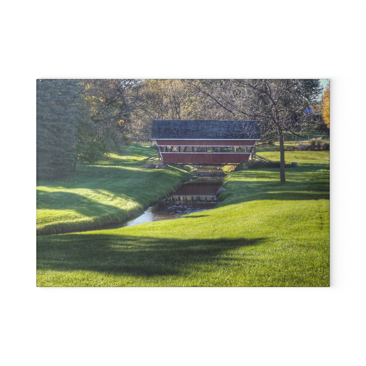 U R There Photography Hadley Covered Bridge I Rustic Farmhouse Tempered-Glass Cutting Board