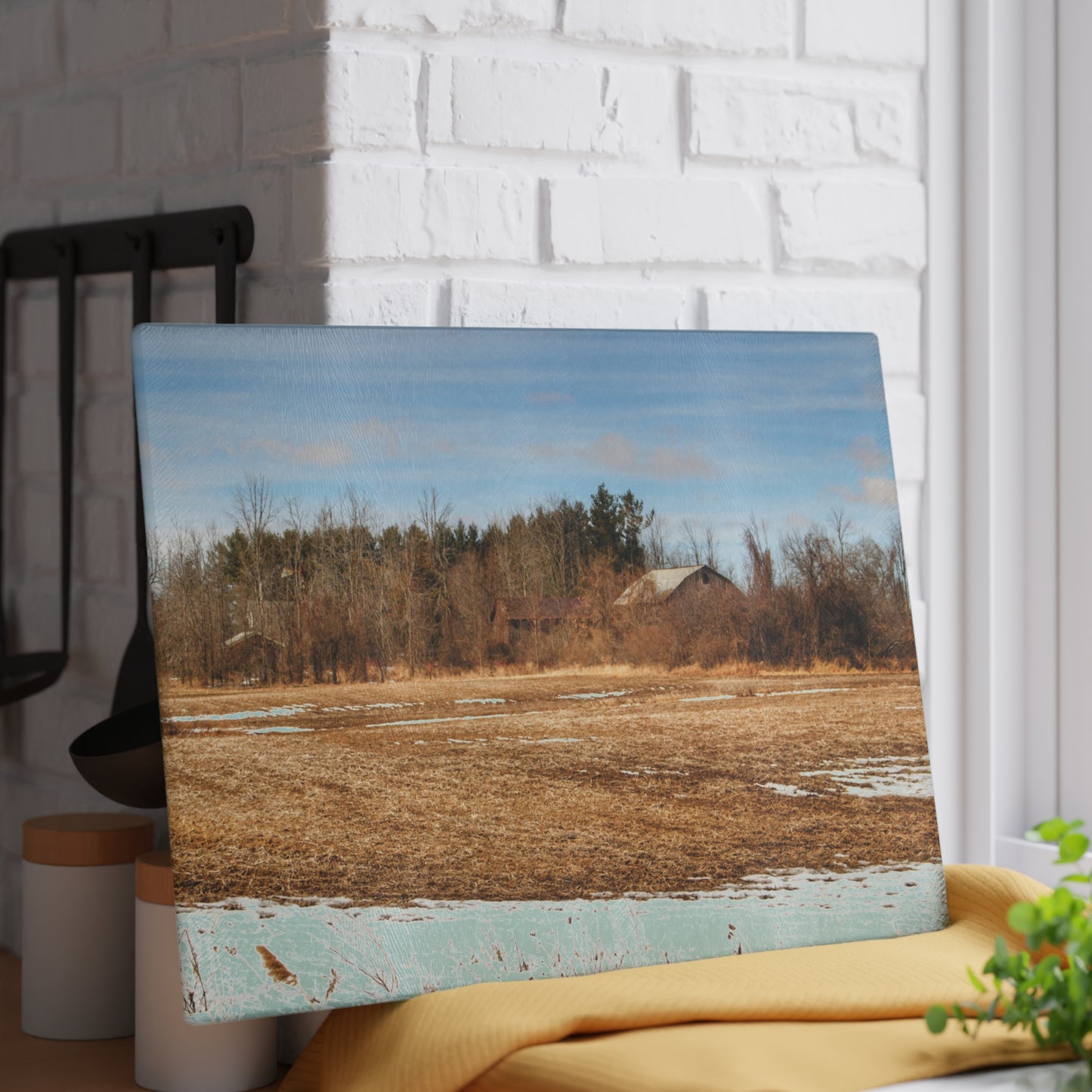 U R There Photography North Hunt Road Farm II Rustic Farmhouse Tempered-Glass Cutting Board