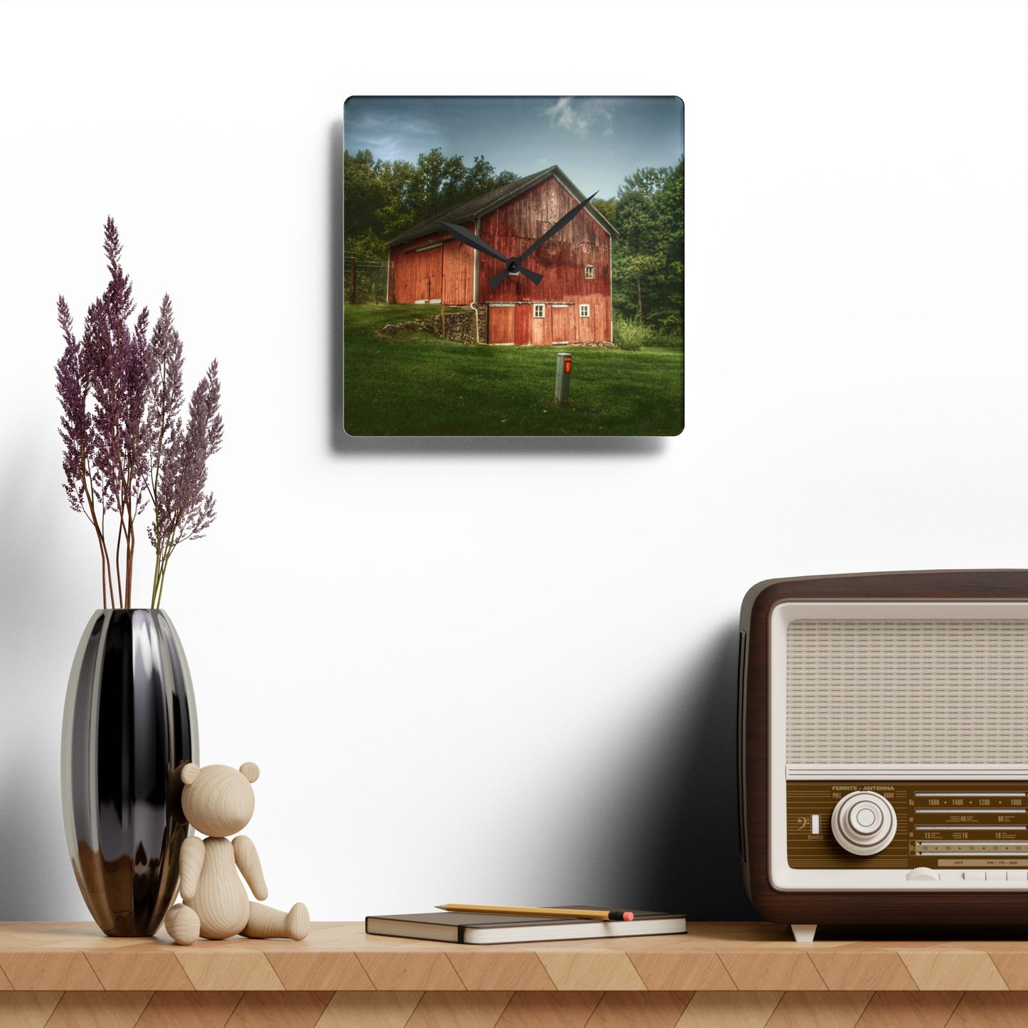 U R There Photography Buckhorn Lake Road Red Rustic Farmhouse Acrylic Analog Wall Clock