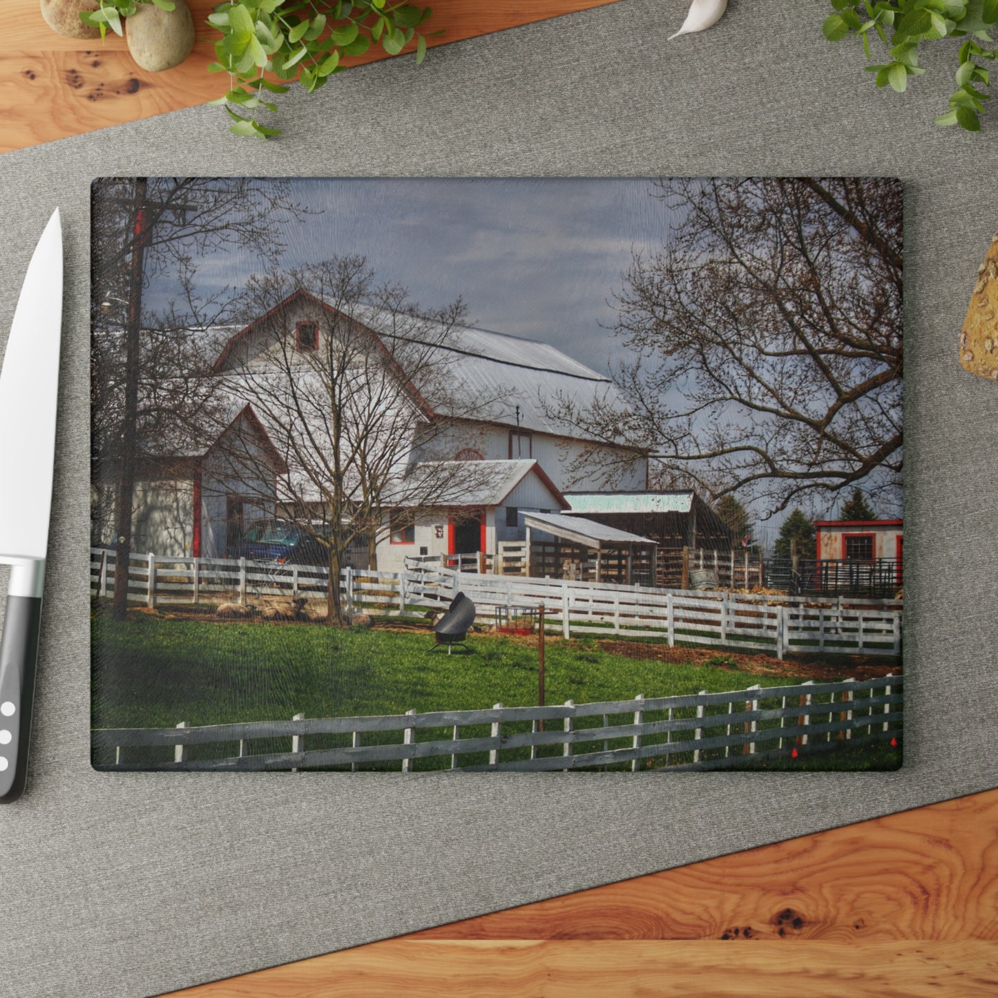 U R There Photography Henderson Whites Rustic Farmhouse Tempered-Glass Cutting Board