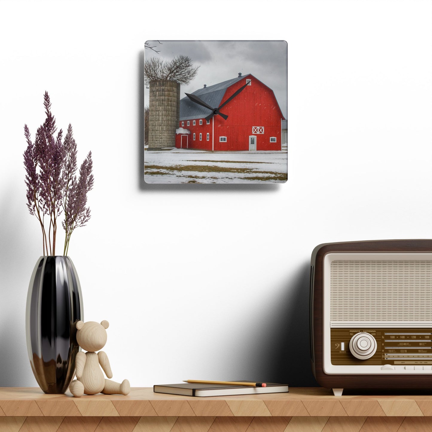 U R There Photography Hollow Corners Red Tree Silo I Rustic Farmhouse Acrylic Analog Wall Clock