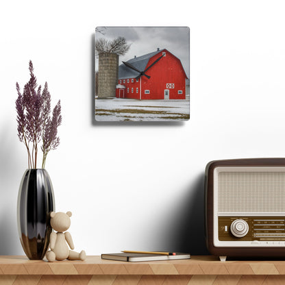 U R There Photography Hollow Corners Red Tree Silo I Rustic Farmhouse Acrylic Analog Wall Clock