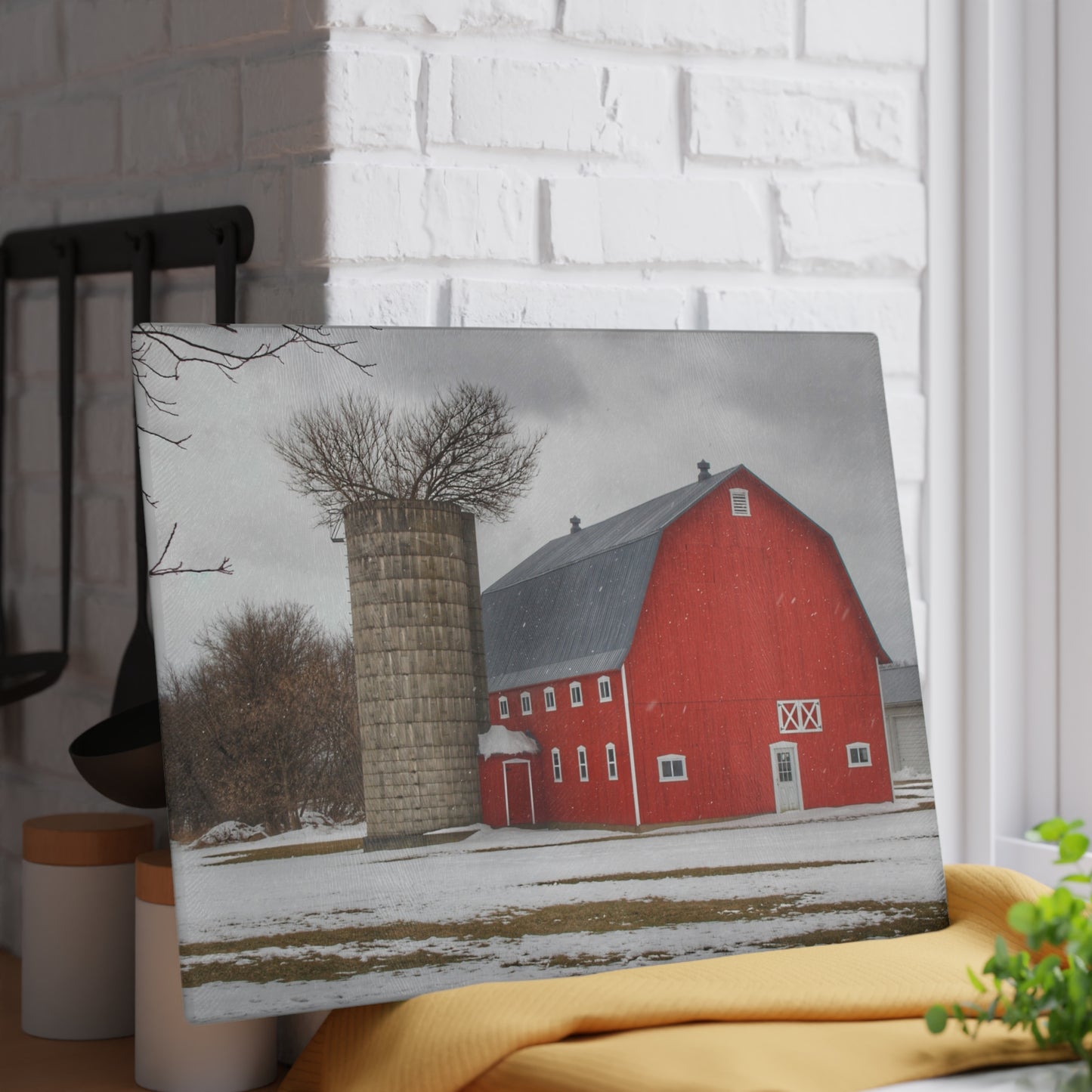 U R There Photography Hollow Corners Red Tree Silo Rustic Farmhouse Tempered-Glass Cutting Board