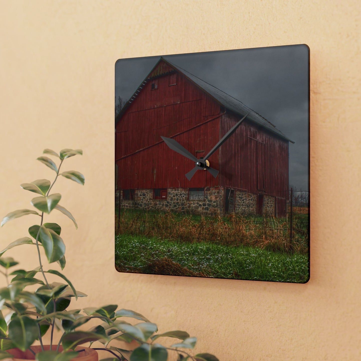 U R There Photography Bowers Road Red III Rustic Farmhouse Acrylic Analog Wall Clock
