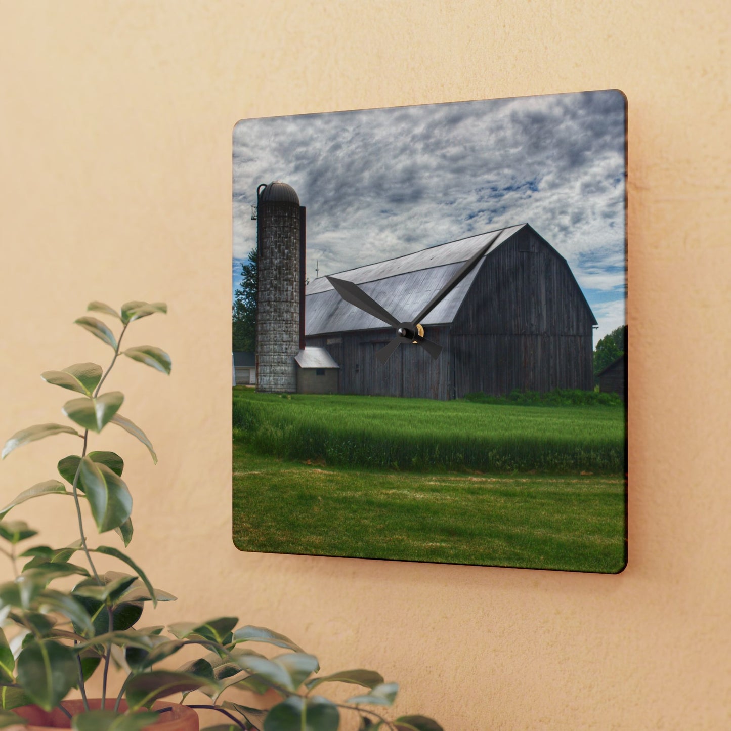 U R There Photography West Tuscola Road Grey Rustic Farmhouse Acrylic Analog Wall Clock