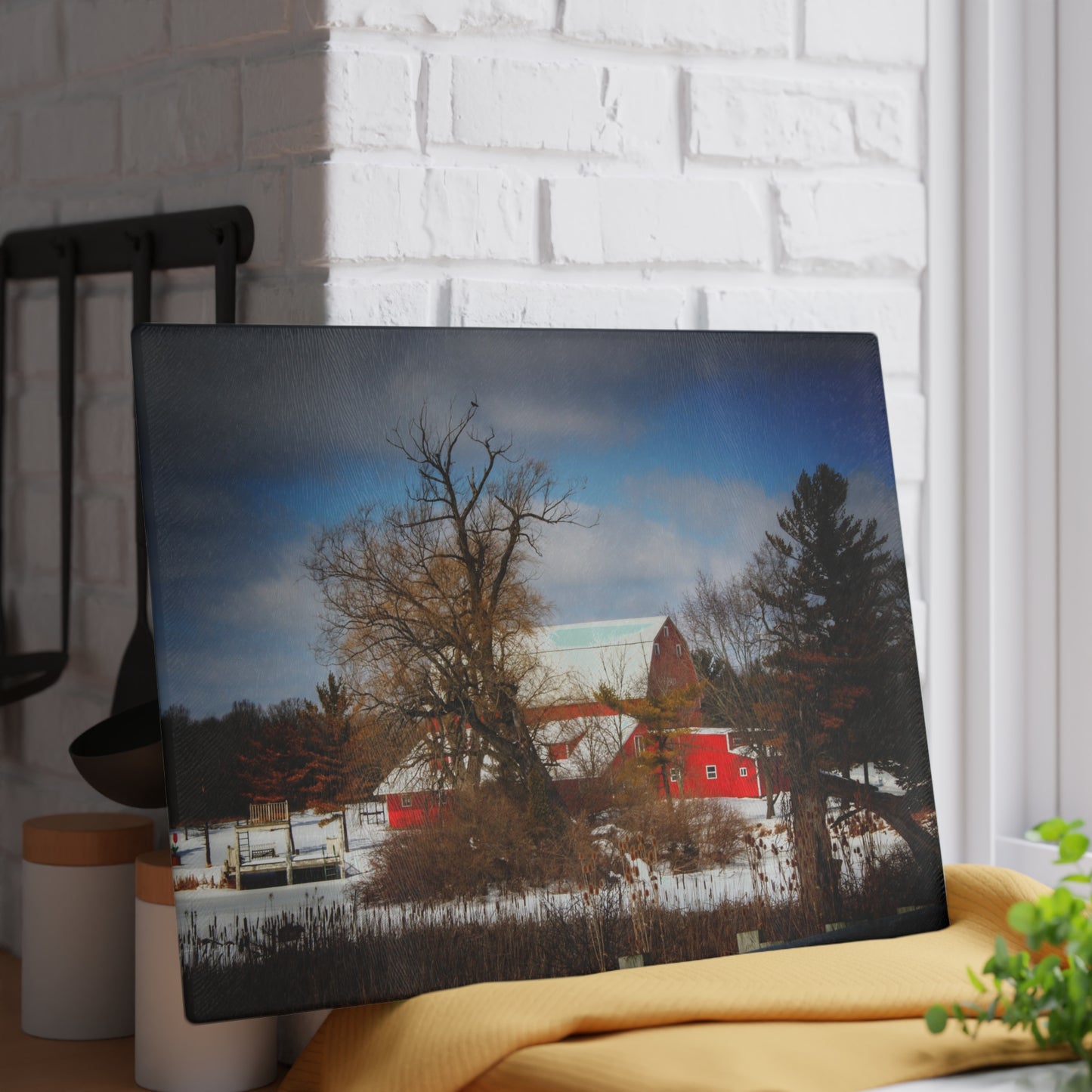 U R There Photography Hadley Road Hidden Winter Red Rustic Farmhouse Tempered-Glass Cutting Board