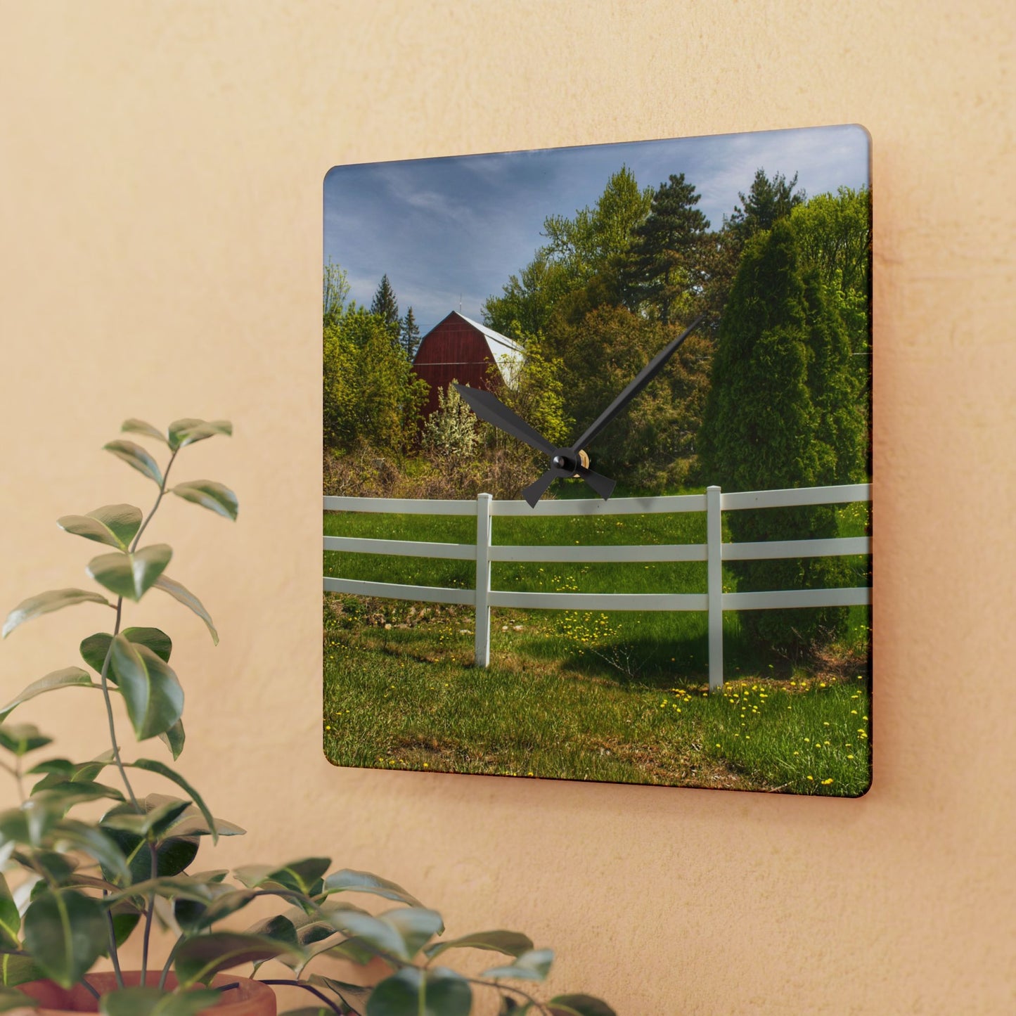 U R There Photography Sutton Road Red Beyond the Fence Rustic Farmhouse Acrylic Analog Wall Clock