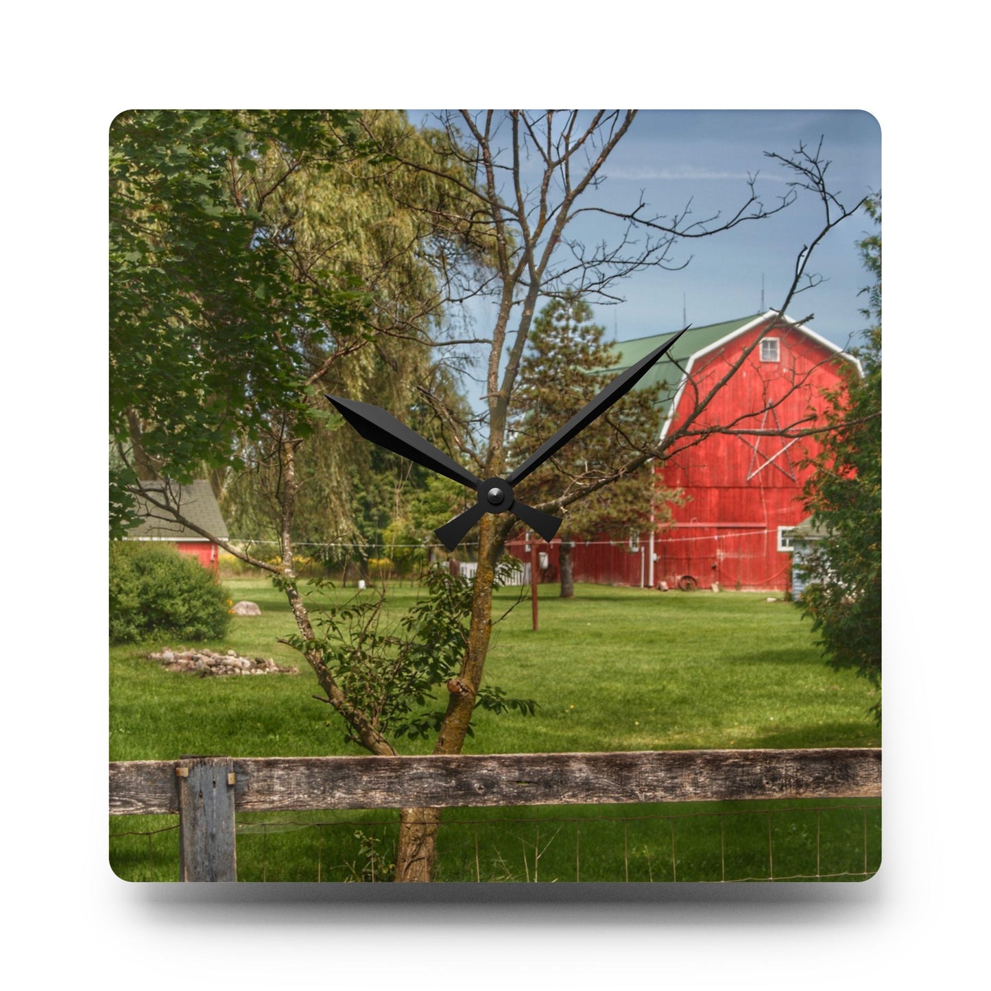 U R There Photography Roadside Red Beyond the Fence Rustic Farmhouse Acrylic Analog Wall Clock
