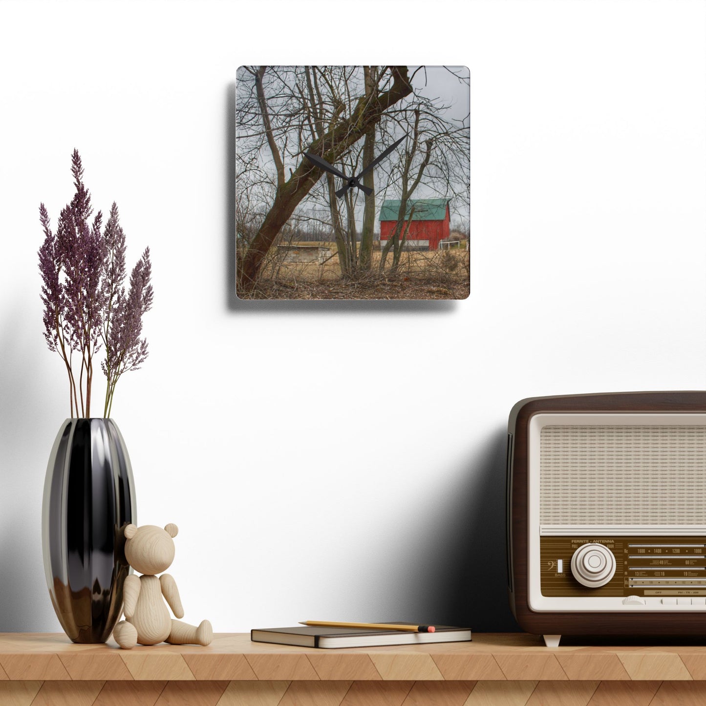 U R There Photography Daley Road Red II Rustic Farmhouse Acrylic Analog Wall Clock