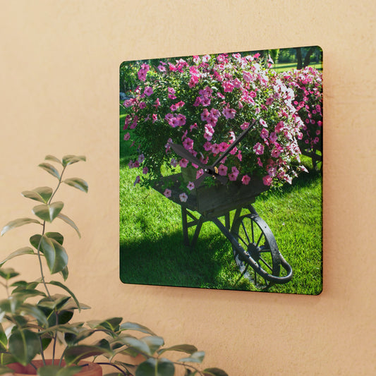 Rustic Farmhouse Wall Clock featuring Wheelbarrow Full of Flowers