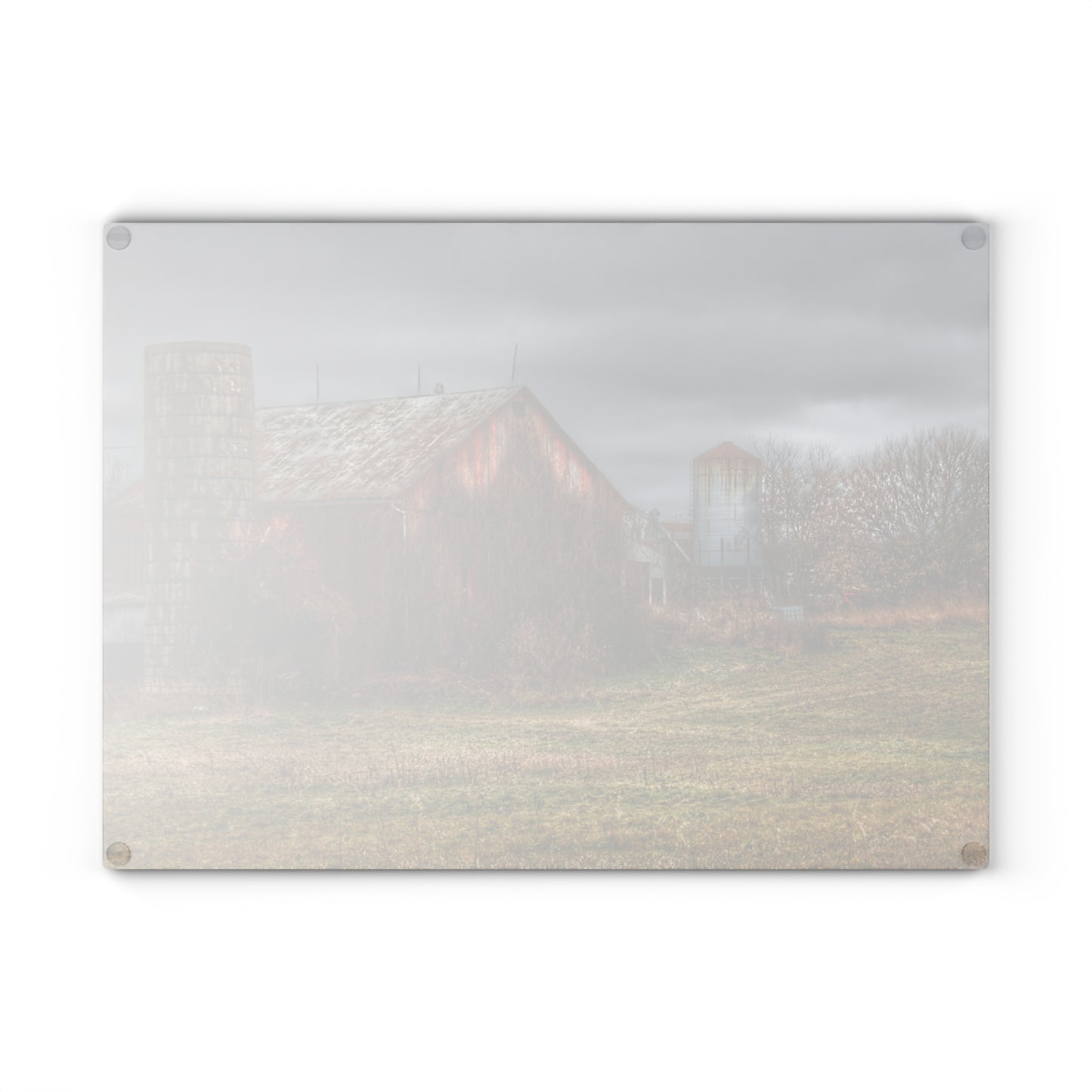 U R There Photography Slattery Road Old Red and Silo II Rustic Farmhouse Tempered-Glass Cutting Board 8"x 11"d