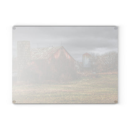 U R There Photography Slattery Road Old Red and Silo II Rustic Farmhouse Tempered-Glass Cutting Board 8"x 11"d