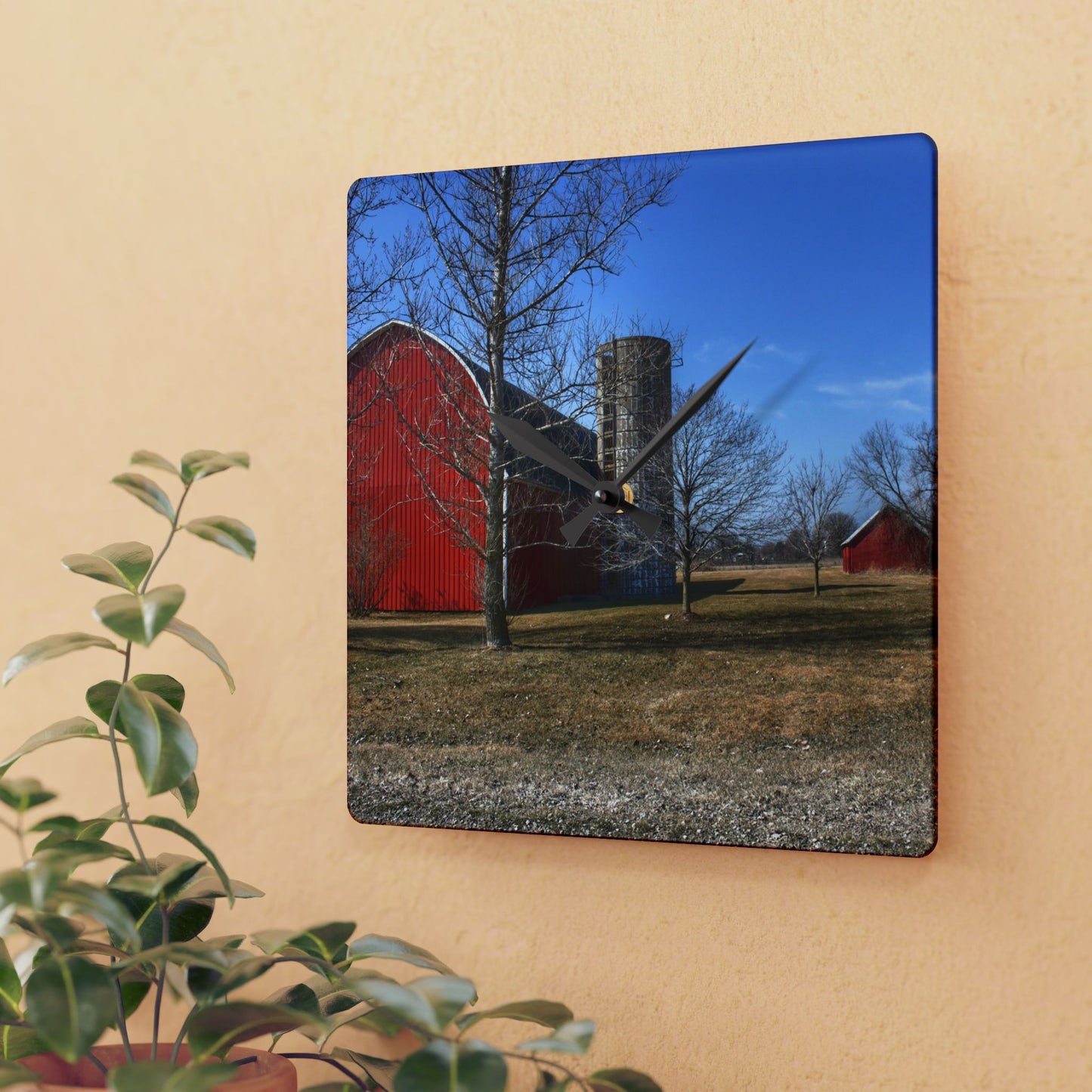U R There Photography Romeo Plank Road Reds I Rustic Farmhouse Acrylic Analog Wall Clock