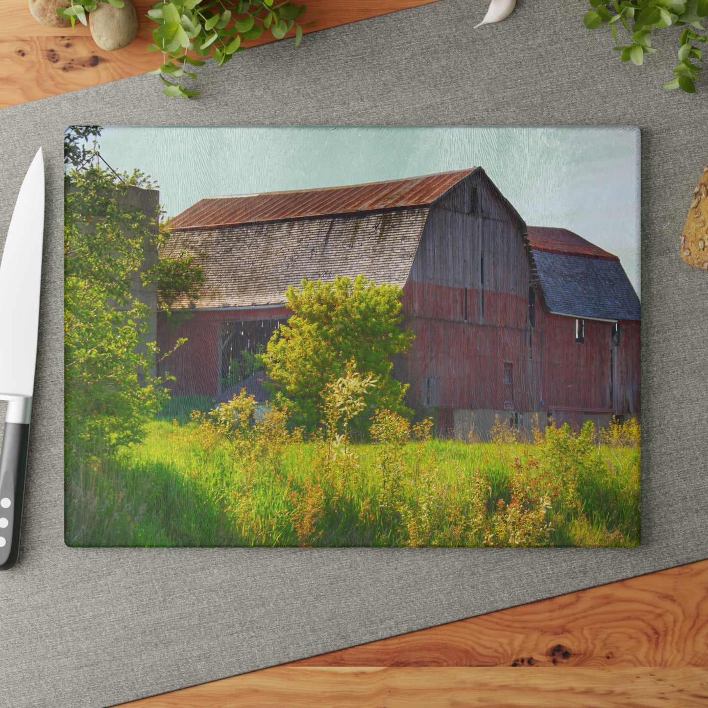 U R There Photography Leslie Road Red II Rustic Farmhouse Tempered-Glass Cutting Board