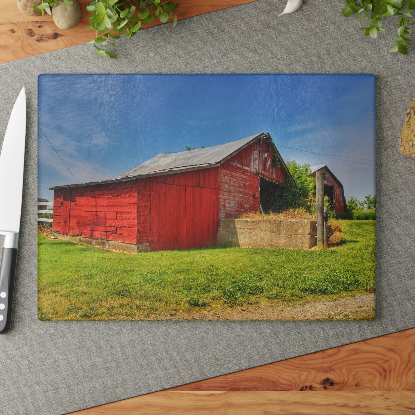 U R There Photography Marlette Road Saltbox Red Rustic Farmhouse Tempered-Glass Cutting Board