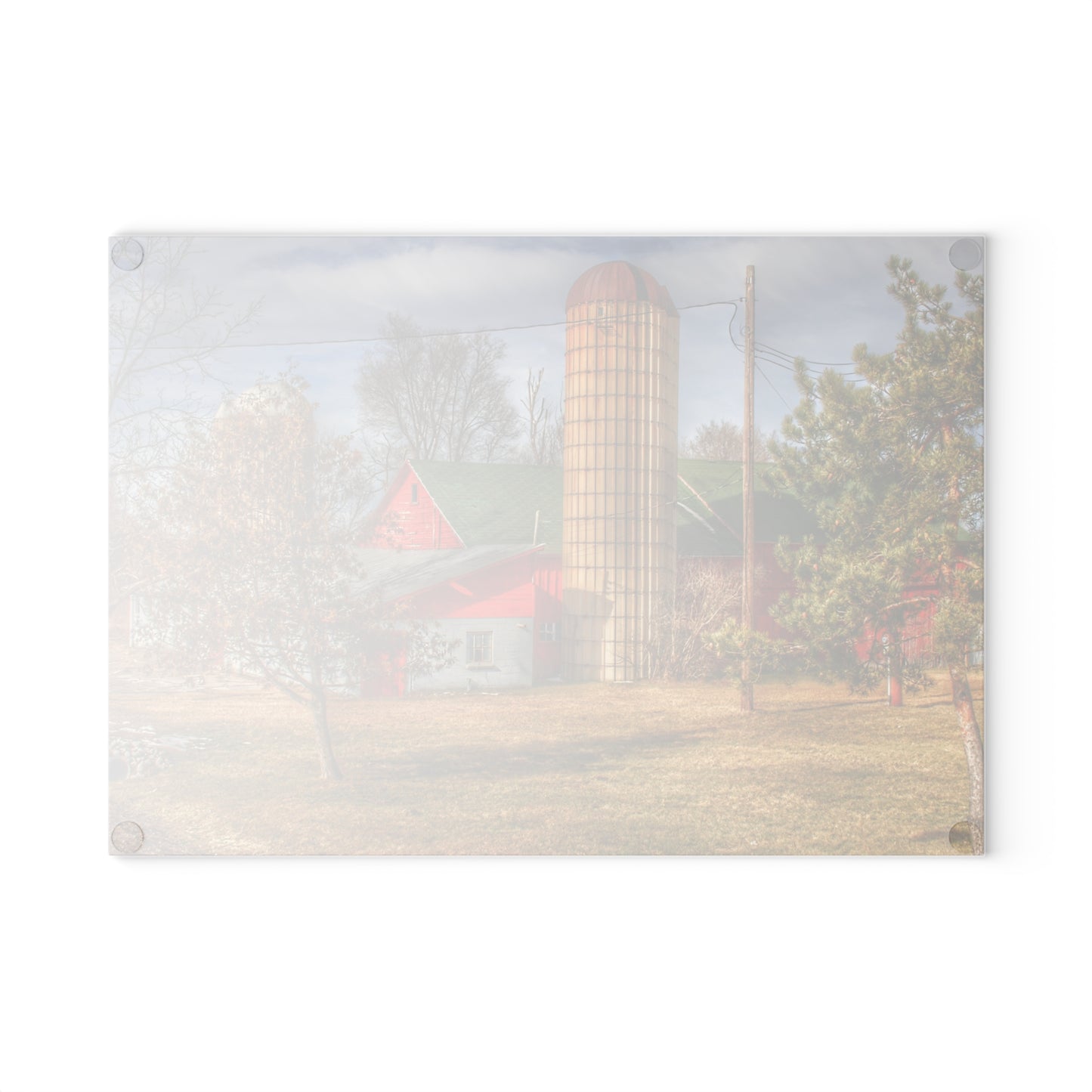 U R There Photography Newark Road Red and Silos II Rustic Farmhouse Tempered-Glass Cutting Board