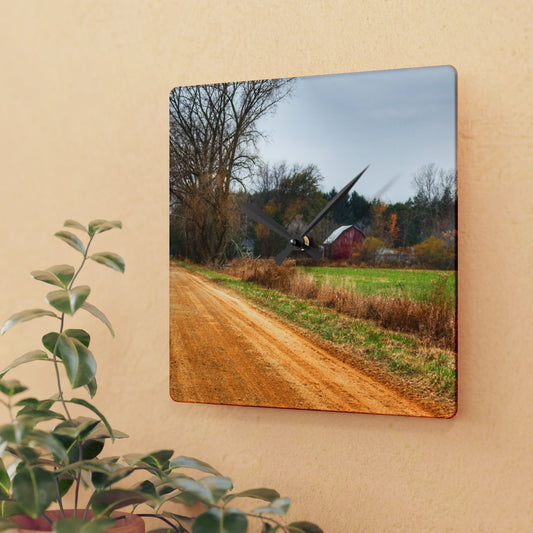 U R There Photography Stone Road Red Rustic Farmhouse Acrylic Analog Wall Clock