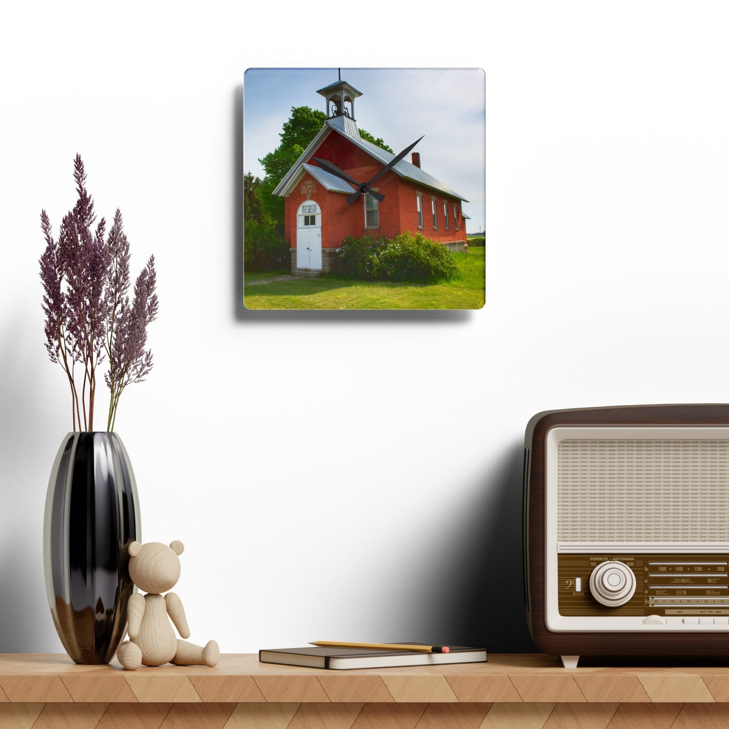 U R There Photography French Road Old Standard Schoolhouse I Rustic Farmhouse Acrylic Analog Wall Clock