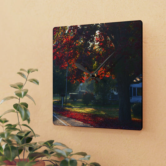 U R There Photography Red Crimson Leaves of Lum Rustic Farmhouse Acrylic Analog Wall Clock