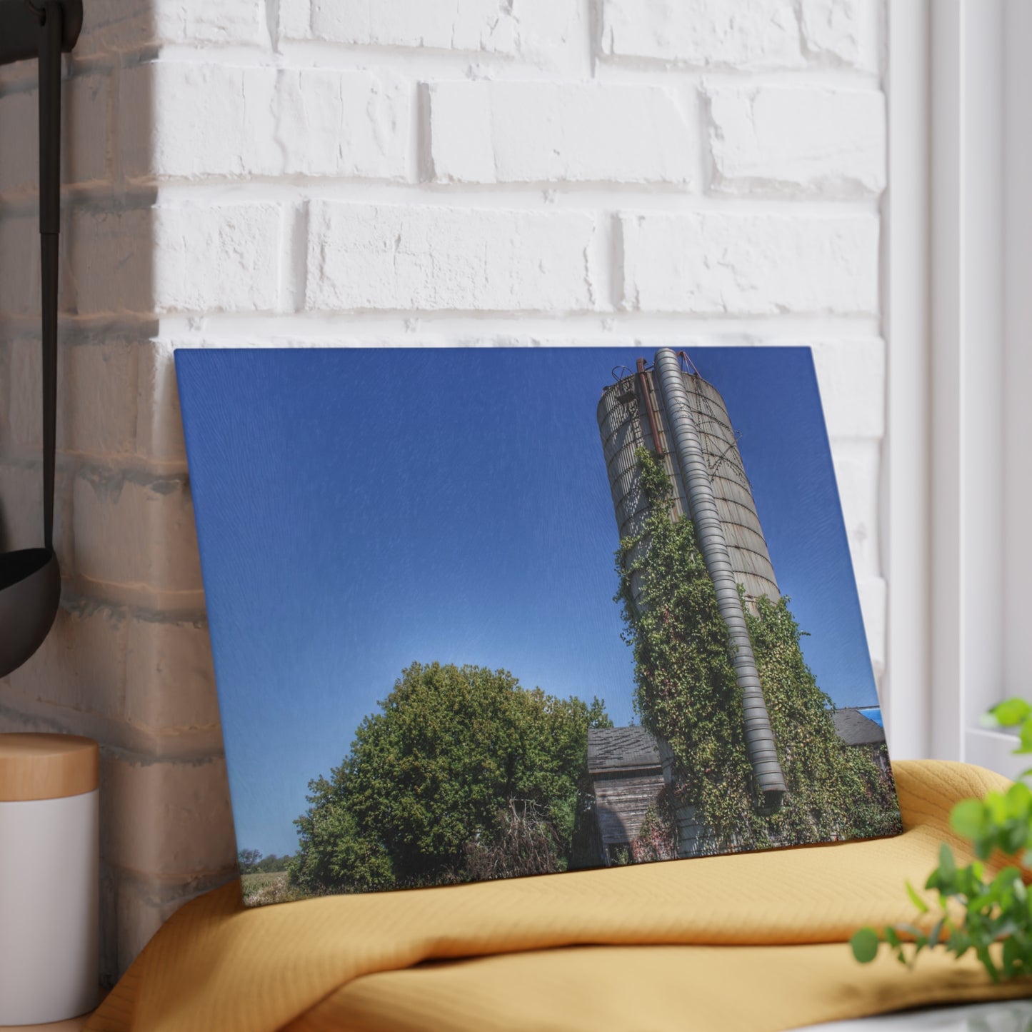 U R There Photography Bordman Road Old Grey and Silo I Rustic Farmhouse Tempered-Glass Cutting Board