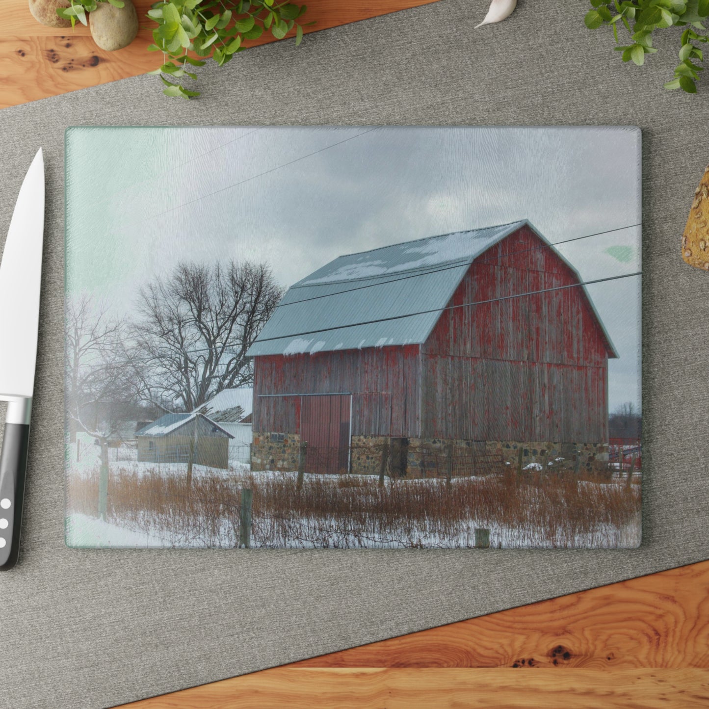 U R There Photography Lake Pleasant Stone Red and Little Grey Rustic Farmhouse Tempered-Glass Cutting Board
