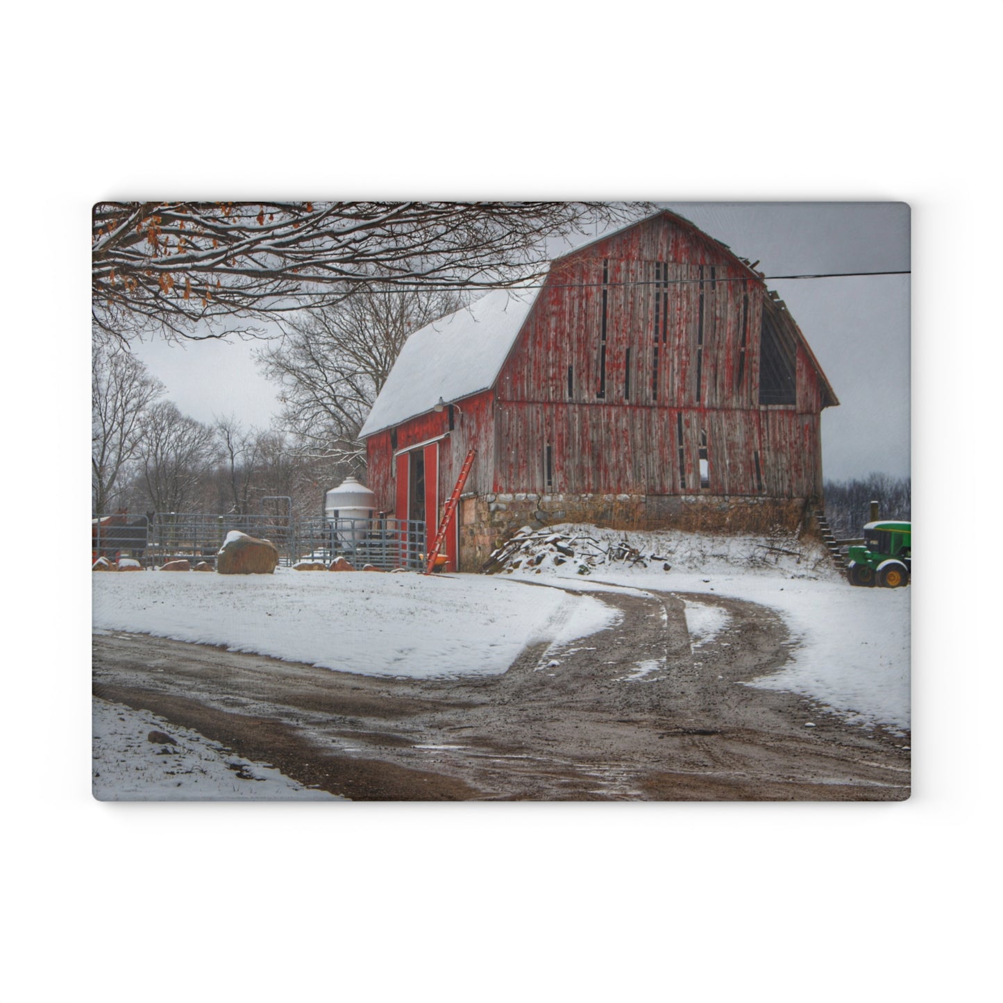 U R There Photography Marathon Road Red in Winter Rustic Farmhouse Tempered-Glass Cutting Board